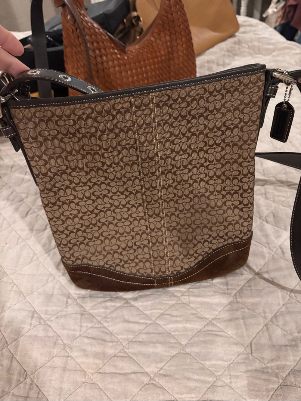 Coach Brown Signature Canvas Bucket Bag with Suede Leather bottom